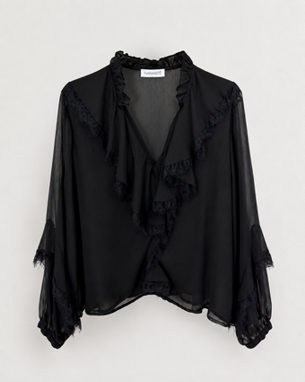 Blusa Donna Nera Namaste in Chiffon con Pizzo e Volant – Manica Lunga – Taglia Unica
