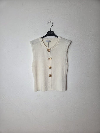 Namasté Top donna in maglia beige smanicato con bottoni floreali – taglia unica
