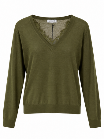 Maglia Donna Namasté Verde Oliva con Scollo a V in Pizzo – Taglia Unica