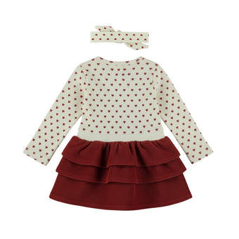 Vestito Neonata Dirkje 3-24 Mesi con Fascia – Abito Panna e Bordeaux con Cuori e Gonna a Balze