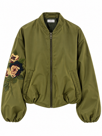 Bomber Donna Namasté Verde Militare con Ricamo Floreale – Taglia Unica