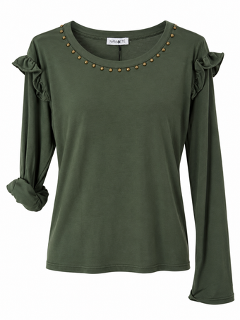 Maglia Donna Namasté Verde Militare con Volant e Borchie – Taglia Unica
