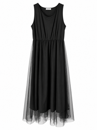 Abito Donna Namasté Nero Lungo con Tulle e Maglia Asimmetrica