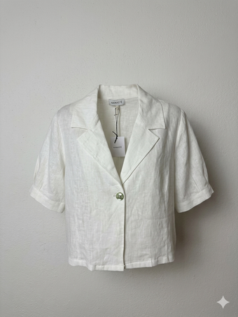 Camicia Corta a Maniche Corte in Lino Bianco e Blue Namasté - Taglia Unica