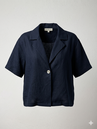 Camicia Corta a Maniche Corte in Lino Bianco e Blue Namasté - Taglia Unica