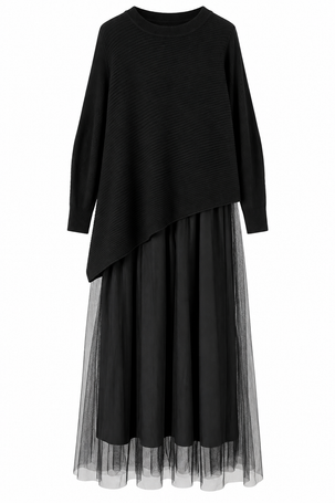Abito Donna Namasté Nero Lungo con Tulle e Maglia Asimmetrica
