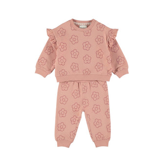 Dirkje Completo Bimba Rosa con Fiori – Felpa con Volant e Pantaloni 3 Mesi - 2 Anni