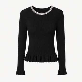 Maglia Donna Nera Namaste con Strass Gioiello – Manica Lunga e Volant – Taglia Unica