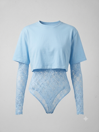 Body donna Namasté in pizzo celeste con t-shirt crop integrata – taglia unica