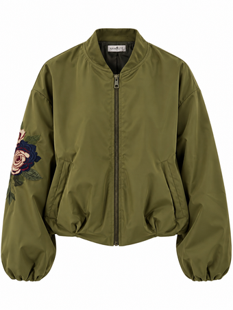 Bomber Donna Namasté Verde Militare con Ricamo Floreale – Taglia Unica