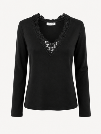 Maglia Donna Nera Namaste con Pizzo e Scollo a V – Manica Lunga – Taglia Unica