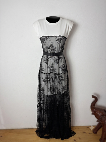 Abito Donna Bianco e Nero con Pizzo Trasparente e Cintura – Taglia Unica