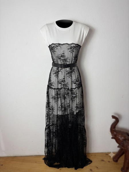 Abito Donna Bianco e Nero con Pizzo Trasparente e Cintura – Taglia Unica