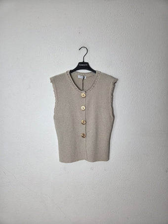 Namasté Top donna in maglia beige smanicato con bottoni floreali – taglia unica