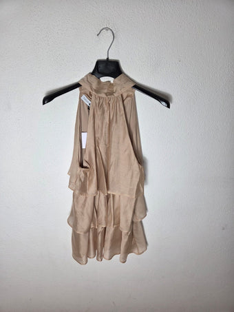 Top Donna Beige Satinato con Balze e Collo Alto – Elegante e Femminile