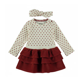 Vestito Neonata Dirkje 3-24 Mesi con Fascia – Abito Panna e Bordeaux con Cuori e Gonna a Balze