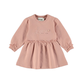 Vestito Neonata Dirkje Rosa Antico – Abito Manica Lunga con Volant e Ricamo Love