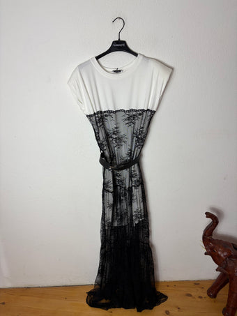 Abito Donna Bianco e Nero con Pizzo Trasparente e Cintura – Taglia Unica