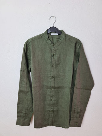Camicia Uomo Verde Oliva con Collo Coreano in Lino e Cotone – Victor Cool